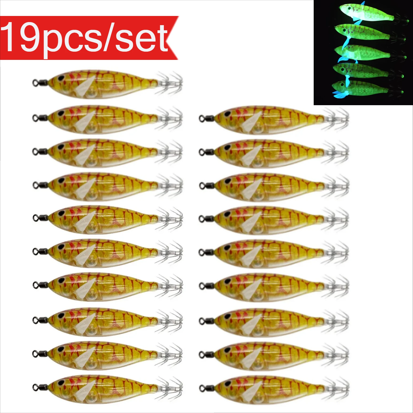 19-teiliges Set 8cm/5,7g Leuchtende Tintenfisch-Köder, Künstliche Meeresköder, Oktopus-Köder, Angelzubehör