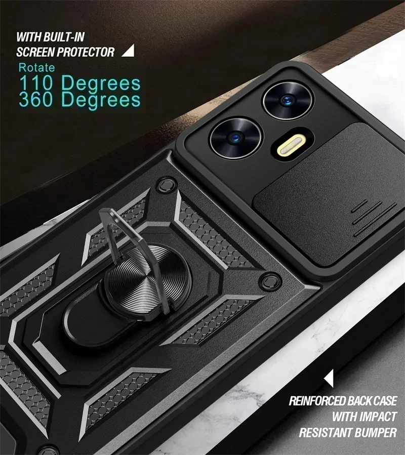 For Realme C55 4G Case Slide Camera Shockproof Armor Case For OPPO Realme C55 C 55 RealmeC55 Magnetic Holder Ring Protect Cover
