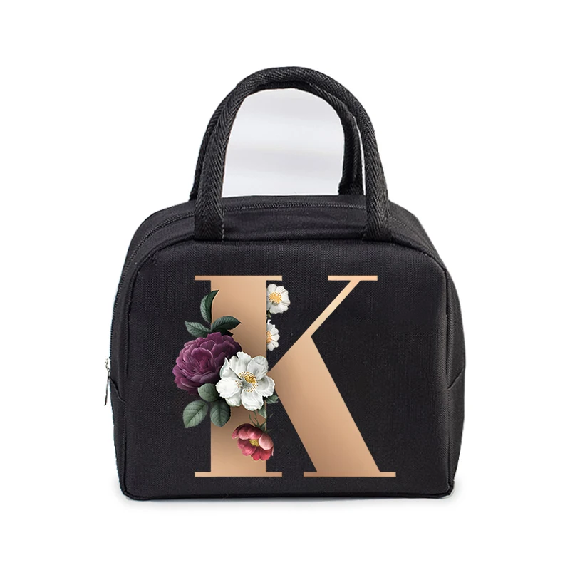 Golden Flower 26 Alphabet Print Lunch Bag Men and Women Rose Graphics Bento Thermal Handbags Thickened Insulation Lunch Box Bag