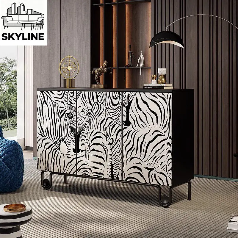 Hand Painted Zebra Sideboard, Vintage Shoe Storage Cabinet for Entryway Living Room