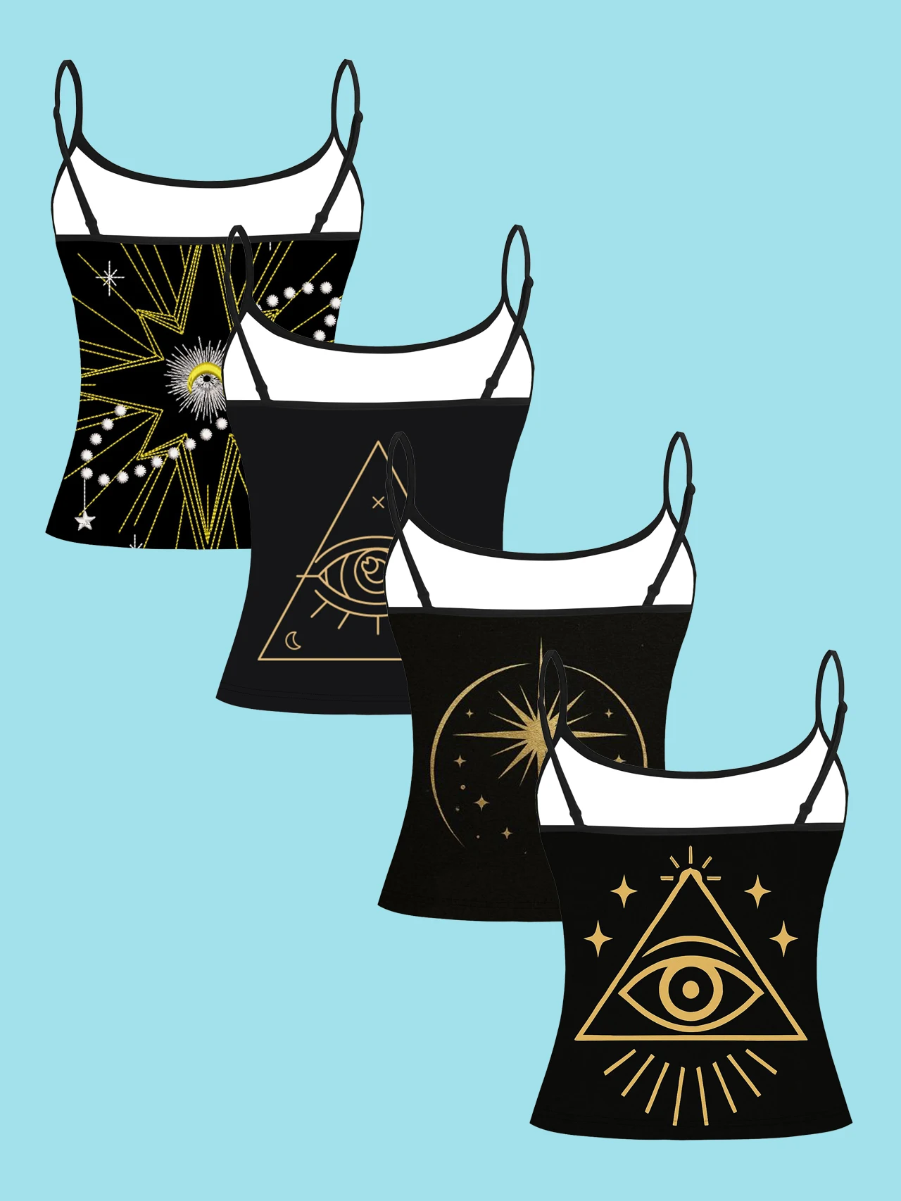 4-Piece Set of All-Seeing Eye Gold Line Print Camisole, Starry Celestial Symbol Spaghetti Strap Sleeveless Top