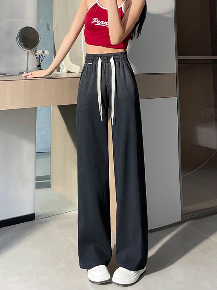 

Denim Jeans For Women 2025 New Arrival High Elastic Waist Blue Or Black Loose Jeans Women Korean Style Casual Pants Trousers