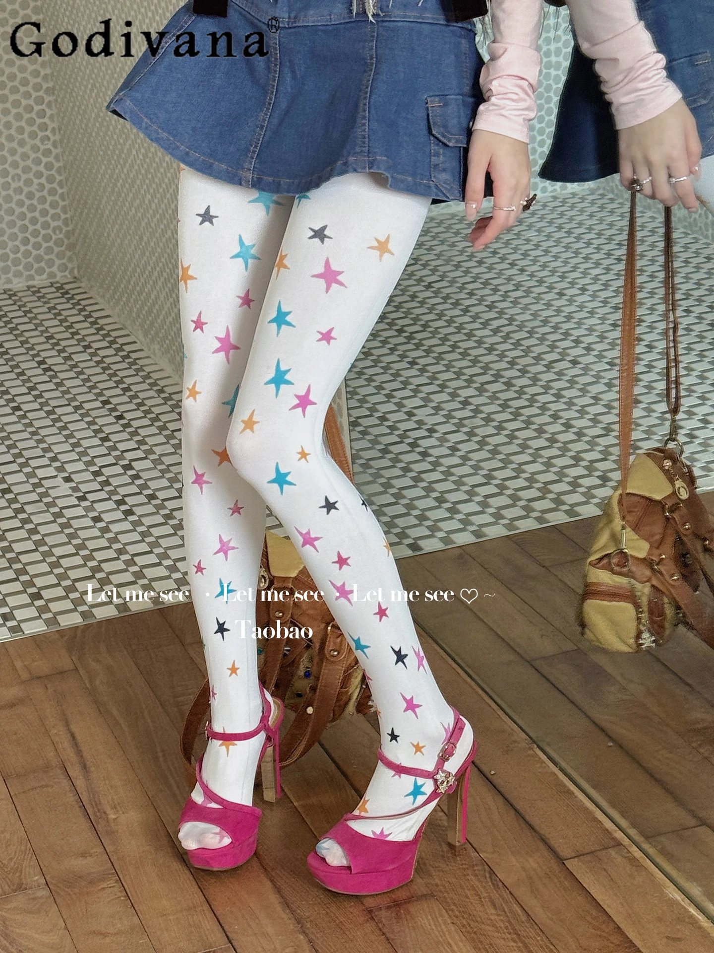 

Japanese Original Colorful Star Lolita Velvet Pantyhose Sweet Cute Girl White Printed Tights