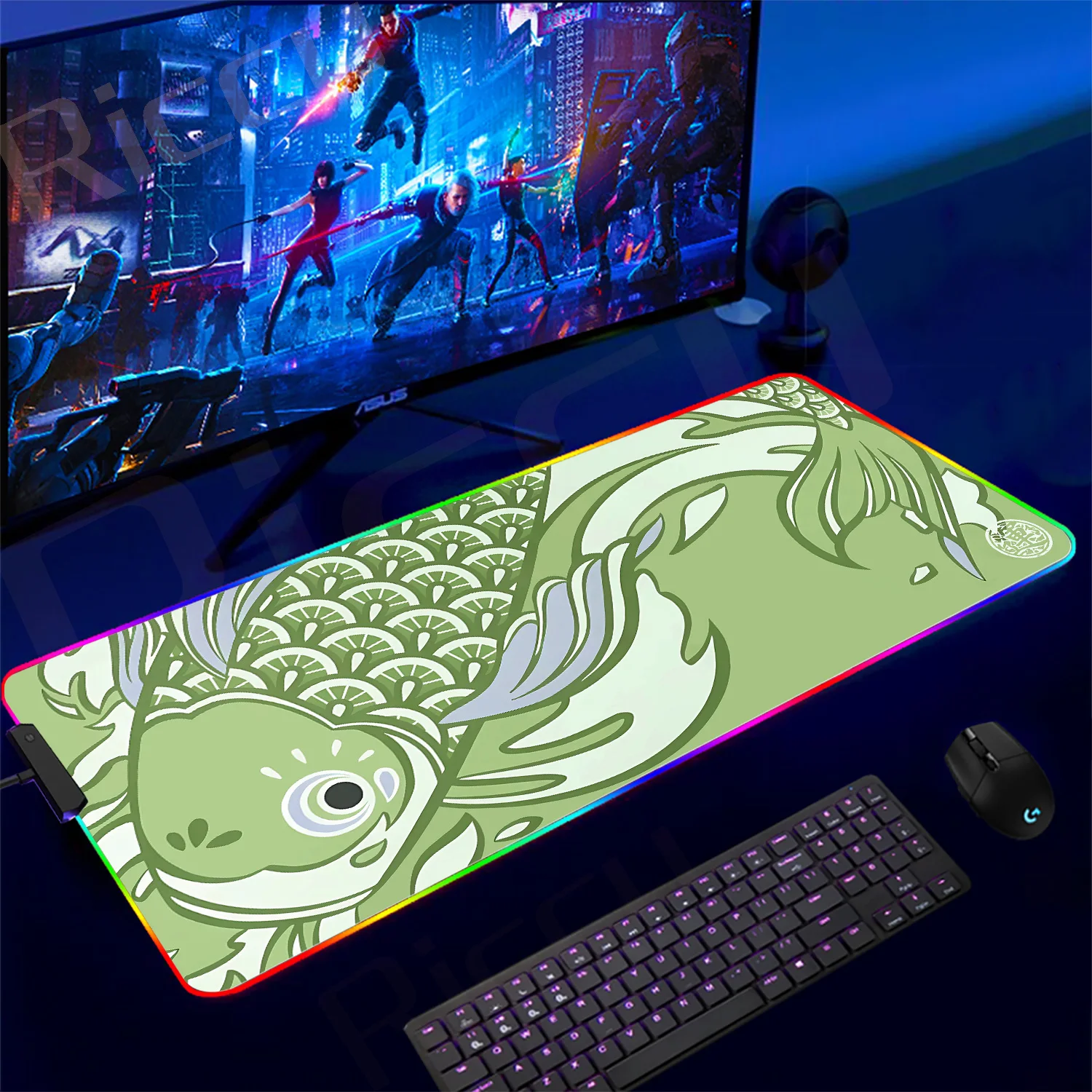 

RGB Rising Sun Large Gaming Mouse Pad Japanese Koi Fish Deskmat Green Lock Edge Mousepad Yin-yang Fish Non-slip Keyboard Rug