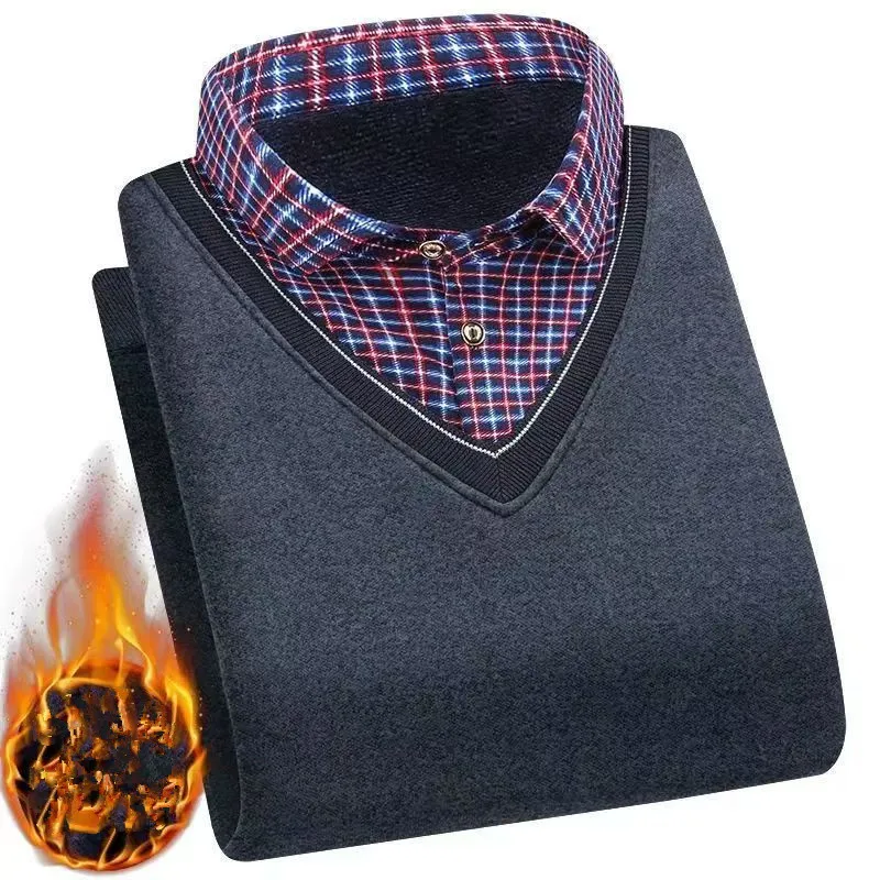 2026 Autumn/Winter Men's Thick Fleece Shirt Collared Sweater Fashion Check Solid Color Warm Hooded Shirt