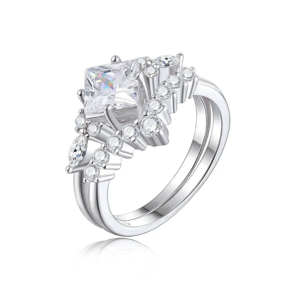 925 Silver Princess‑Cut Cluster Split Shank Bridal Set Engagement Ring Zircon Multi Tone Wedding Promise Fine Jewelry For Women