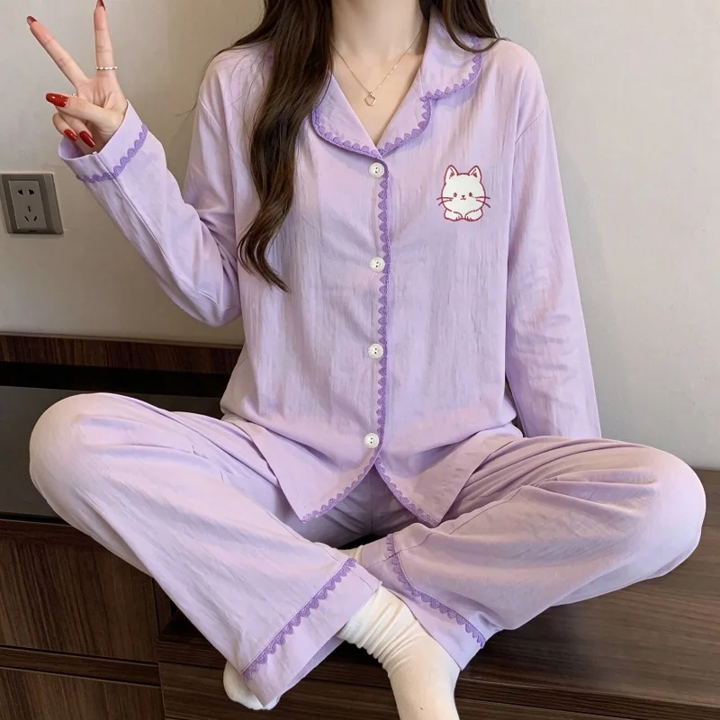 2 Piece Set Women Pajamas Cat Embroidery Lace Trim Home Wear Lapel Neck Button Autumn Long Sleeve Soft Sleepwear Loungewear