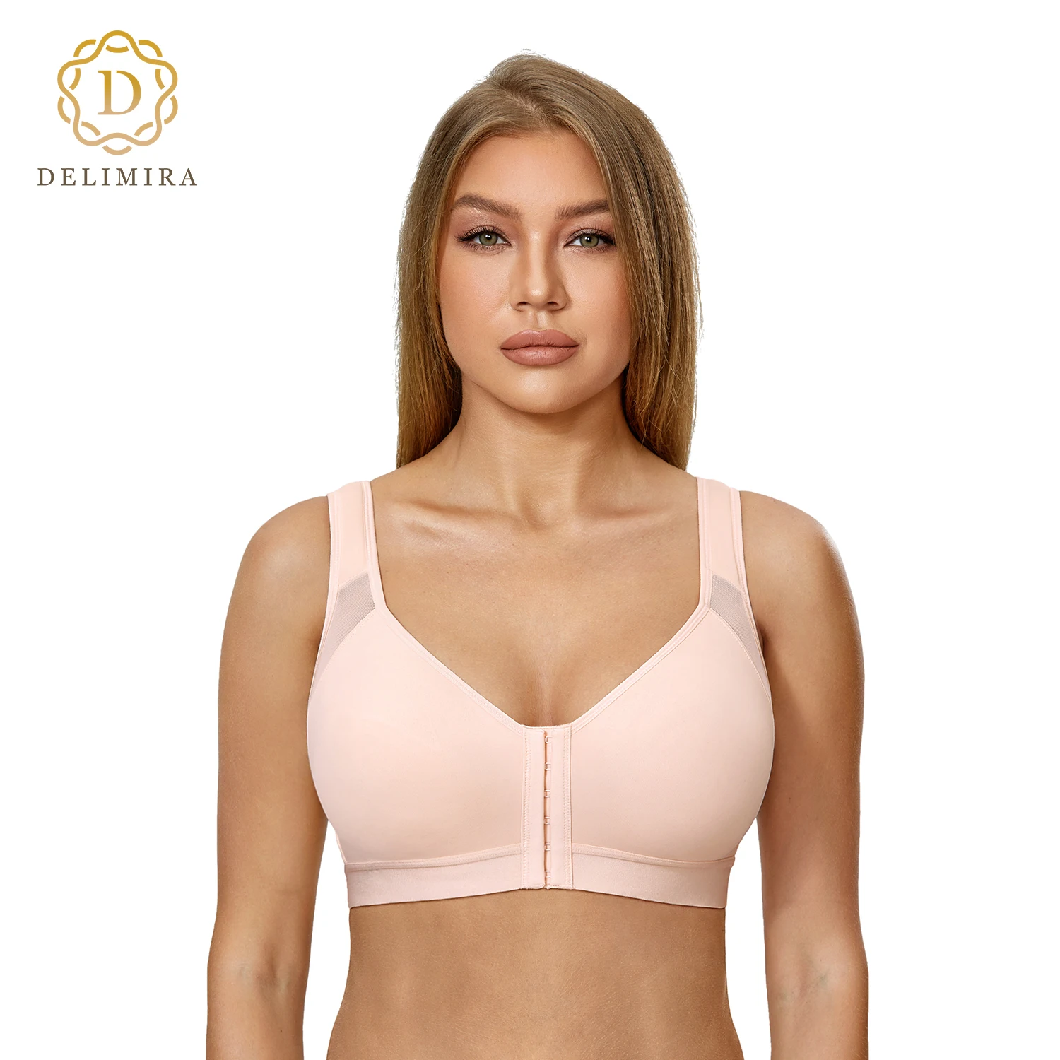 DELIMIRA-Soutien-gorge à couverture complète pour femme, soutien dorsal sans fil, posture à fermeture frontale, grande taille, sans doublure