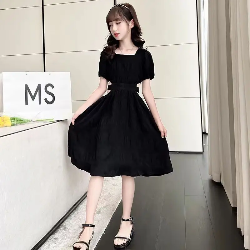 Kids children Ruffle teens 5 6 8 9 10 11 12 years 2026 new summer princess white black dress boat neckline short sleeve backless