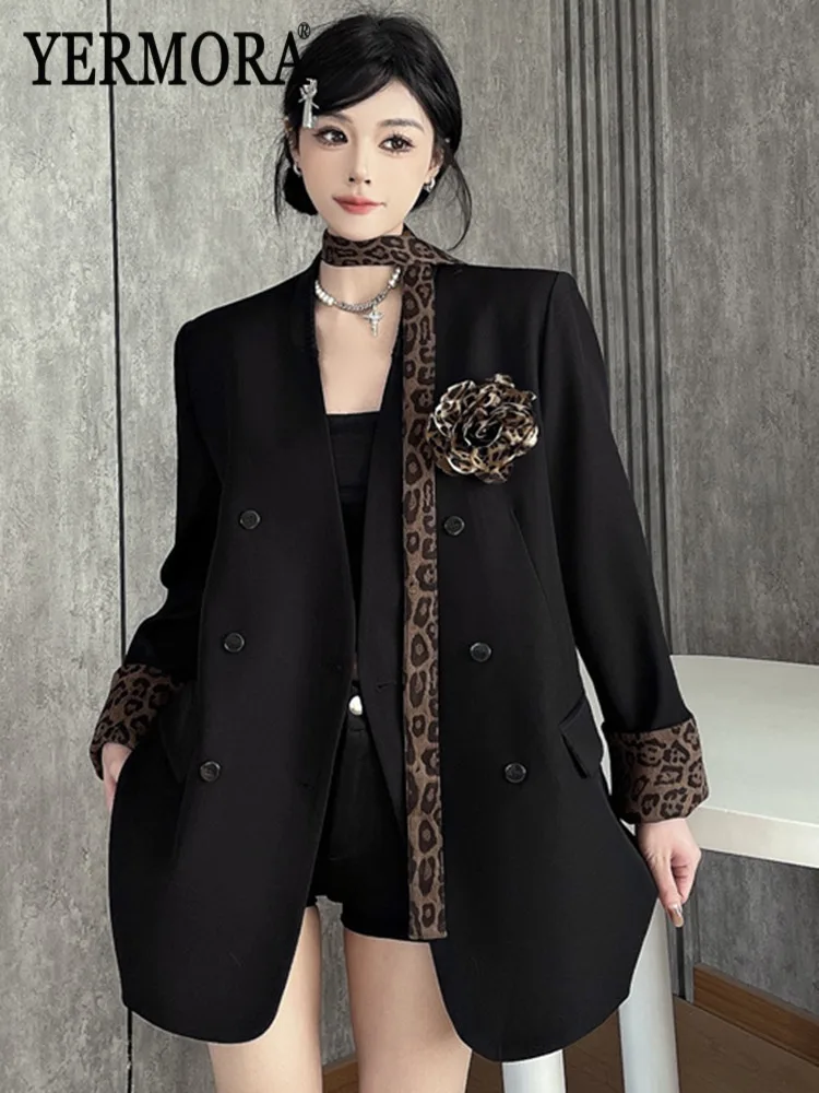 YERMORA Women's Black Leopard Ribbon Flower Casual Blazer V-Neck Long Sleeve Loose New Jacket Fashion Tide Spring Autumn 2025