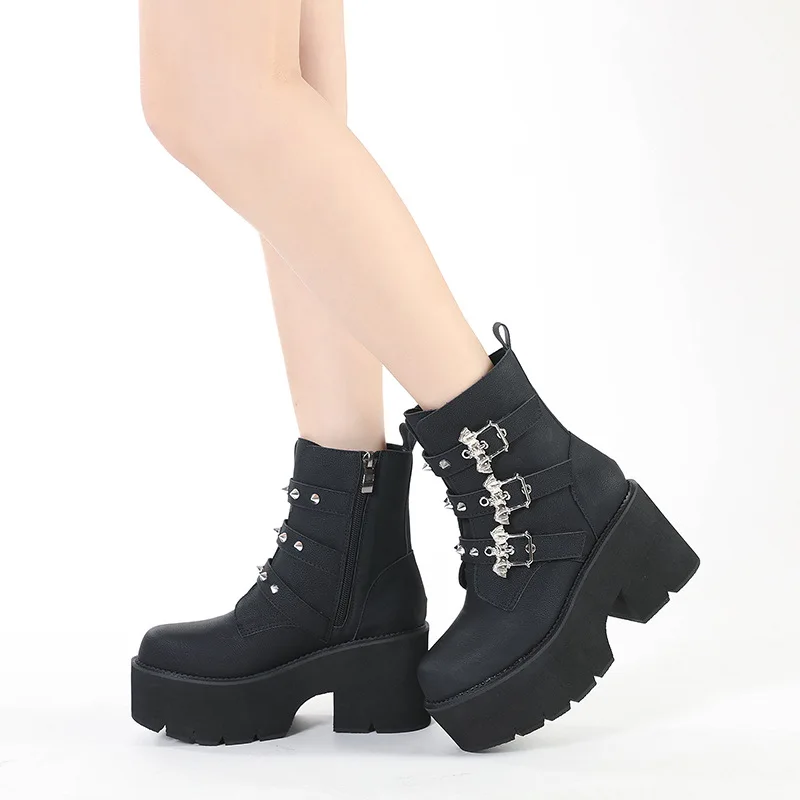 

Sexy Rivets Black Demoia Boots Women Metal Decoration Platform Heels Gothic Bat Buckle Strap Ladies Short Boots Plus Size