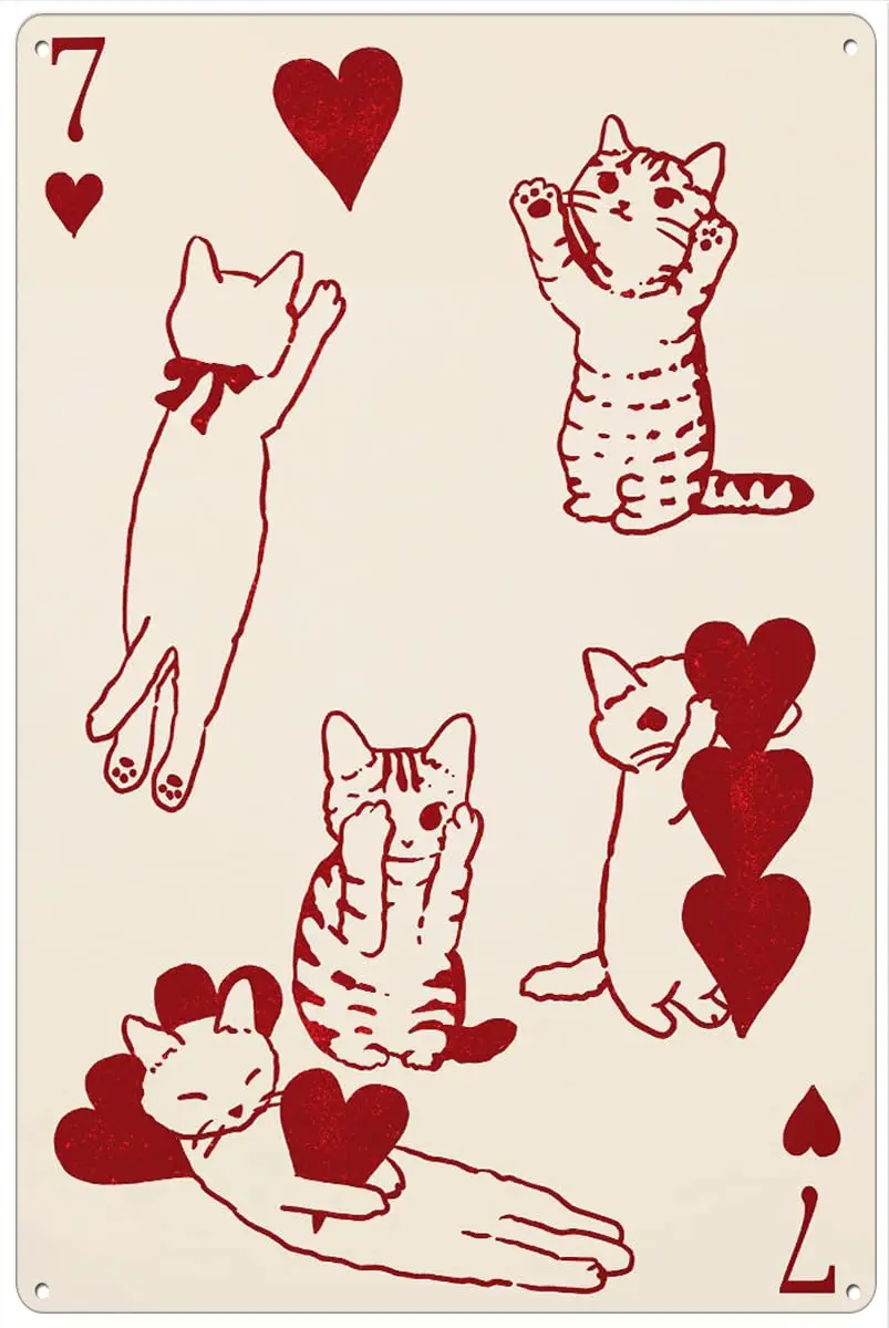 Retro Metal Tin Sign 12 X 16 Inches Seven of Hearts Poster Ace Card Cats Vintage Poster Cute Cats Wall Art Cats Lover Poste sign