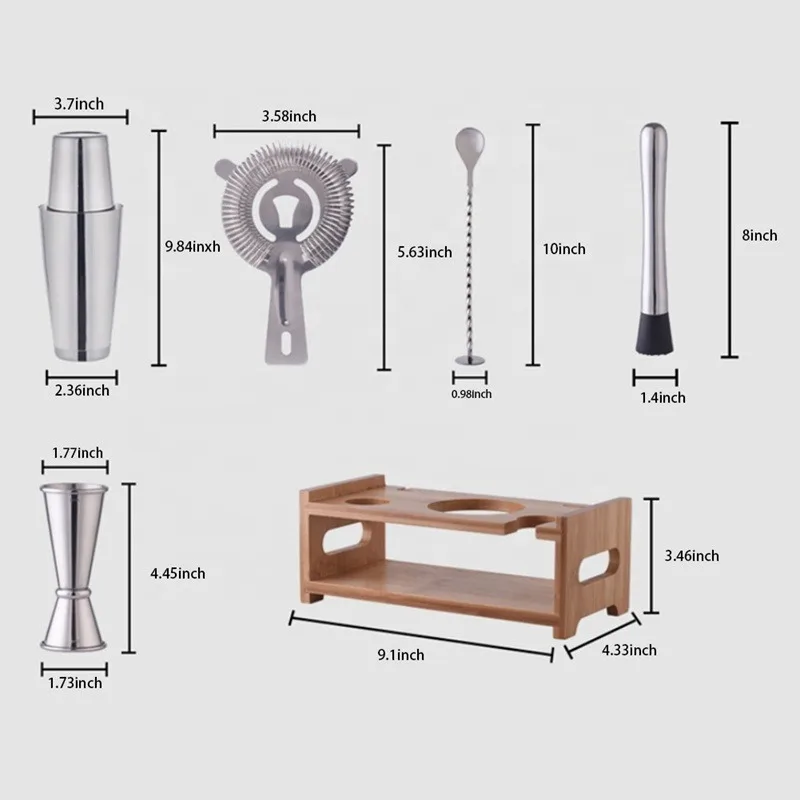 Bamboo Stand Compact Bartender Tool Set, 7Pcs Stainless Steel 750ml Boston Cocktail Shaker Full DIY Drink Mixing Accessories