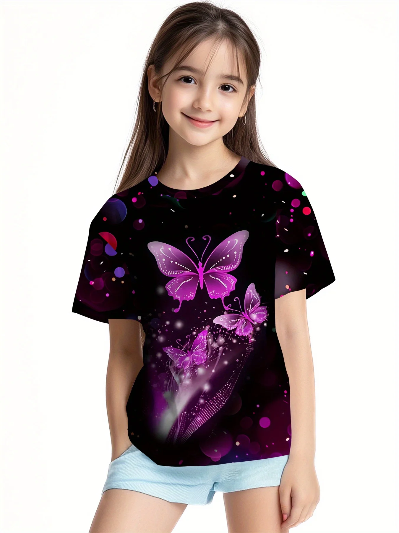 Kids Crew Neck T-Shirt, All Over Black Bokeh Print, Glowing Purple Butterflies Girls Fashion Short Sleeve Tee