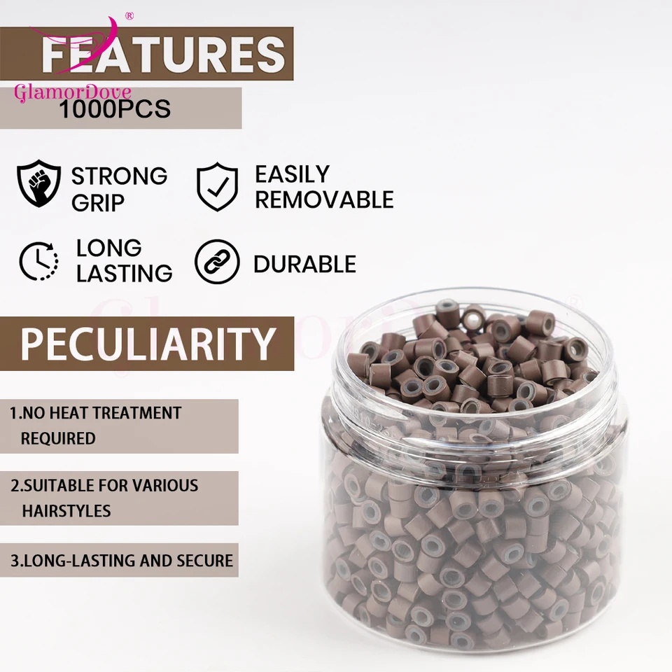 GlamorDove 1000 piezas micro anillos de 4mm para extensiones de cabello, microlinks con recubrimiento de silicona, herramientas y accesorios 3