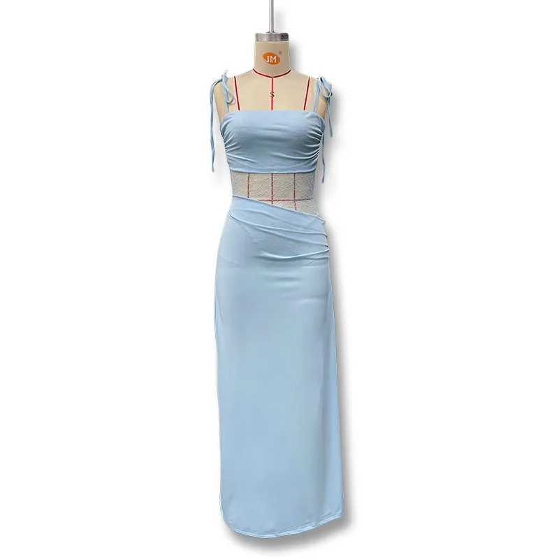 Abito sexy Vestido Abiti 2025 Donna con cinturino per spaghetti Vedere attraverso patchwork di pizzo Slim tinta unita Sling senza maniche Hot Bodycon