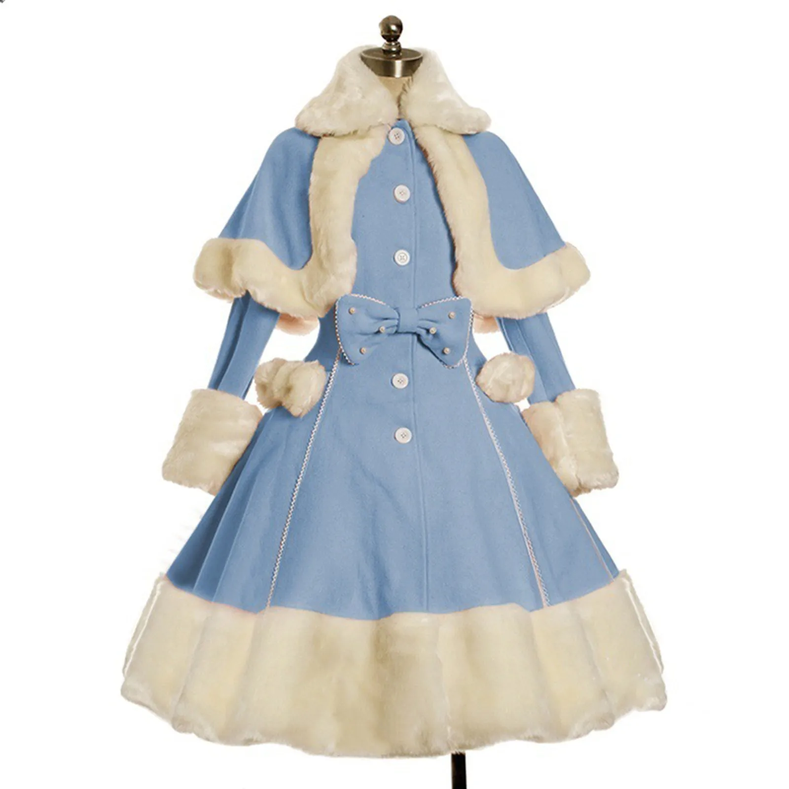 Abito Vintage gotico Lolita abito donna collo di pelliccia maniche lunghe scialle carino monopetto inverno caldo fiocco spesso abiti 2024