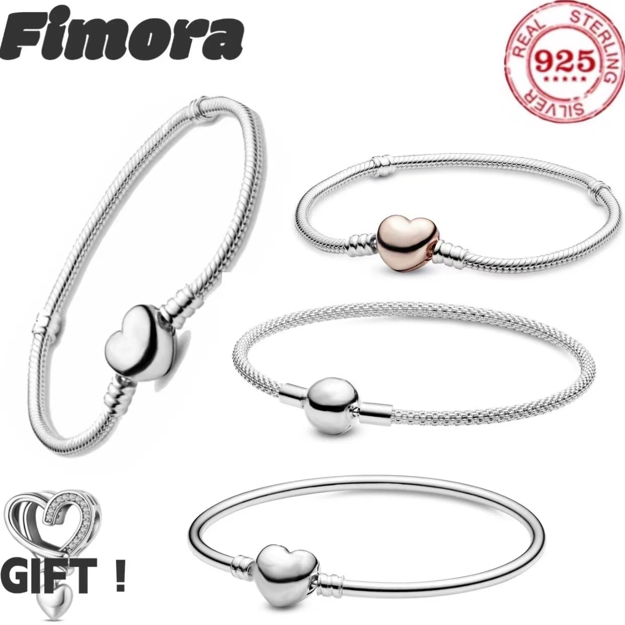 Hot selling 925% pure silver heart-shaped circular fashionable charm snake bone bracelet for women's jewelry birthday gift