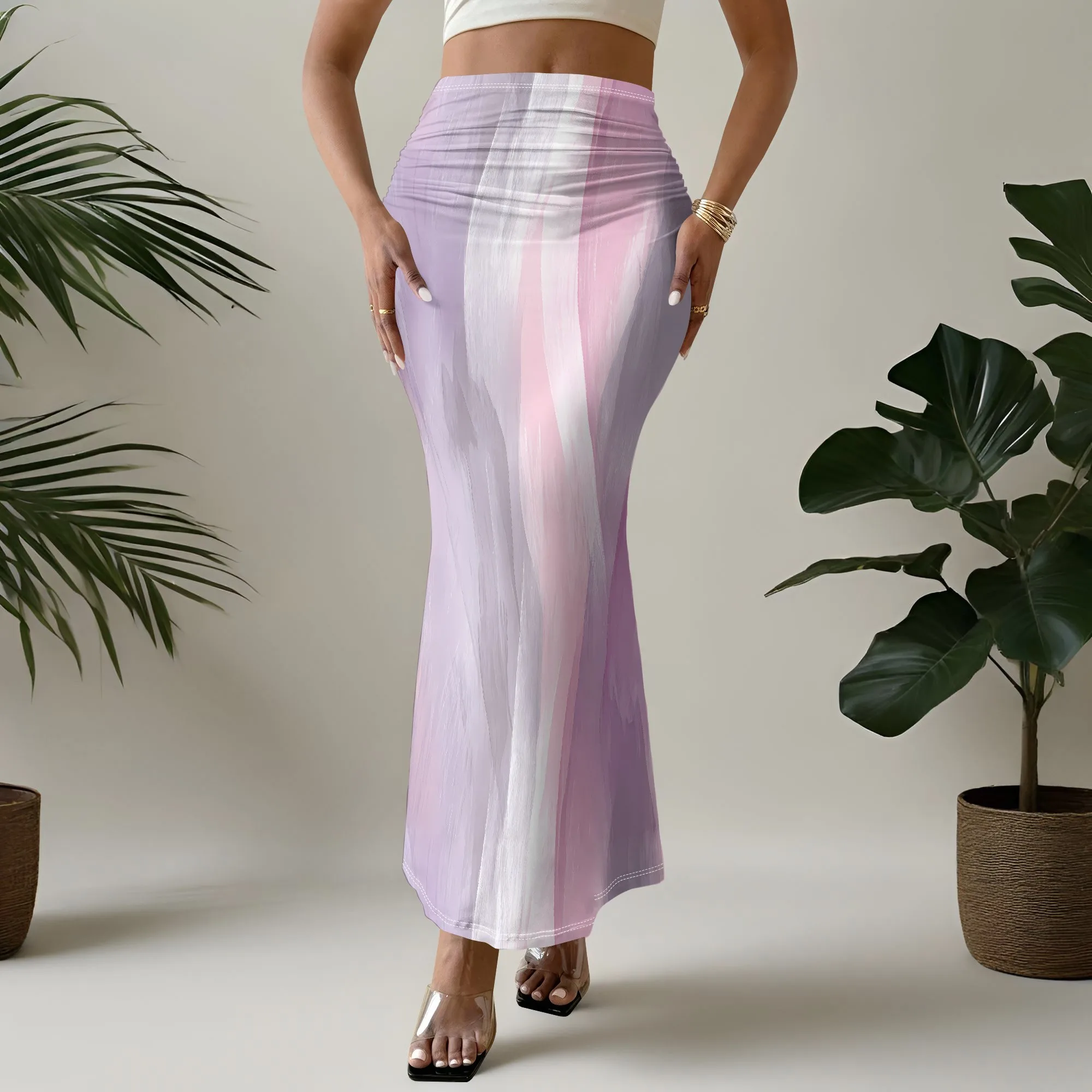 Gradient Print Mermaid Skirt, Pastel Purple Maxi Skirt, Ruched Bodycon Design, Summer Beach Wear, S-2XL