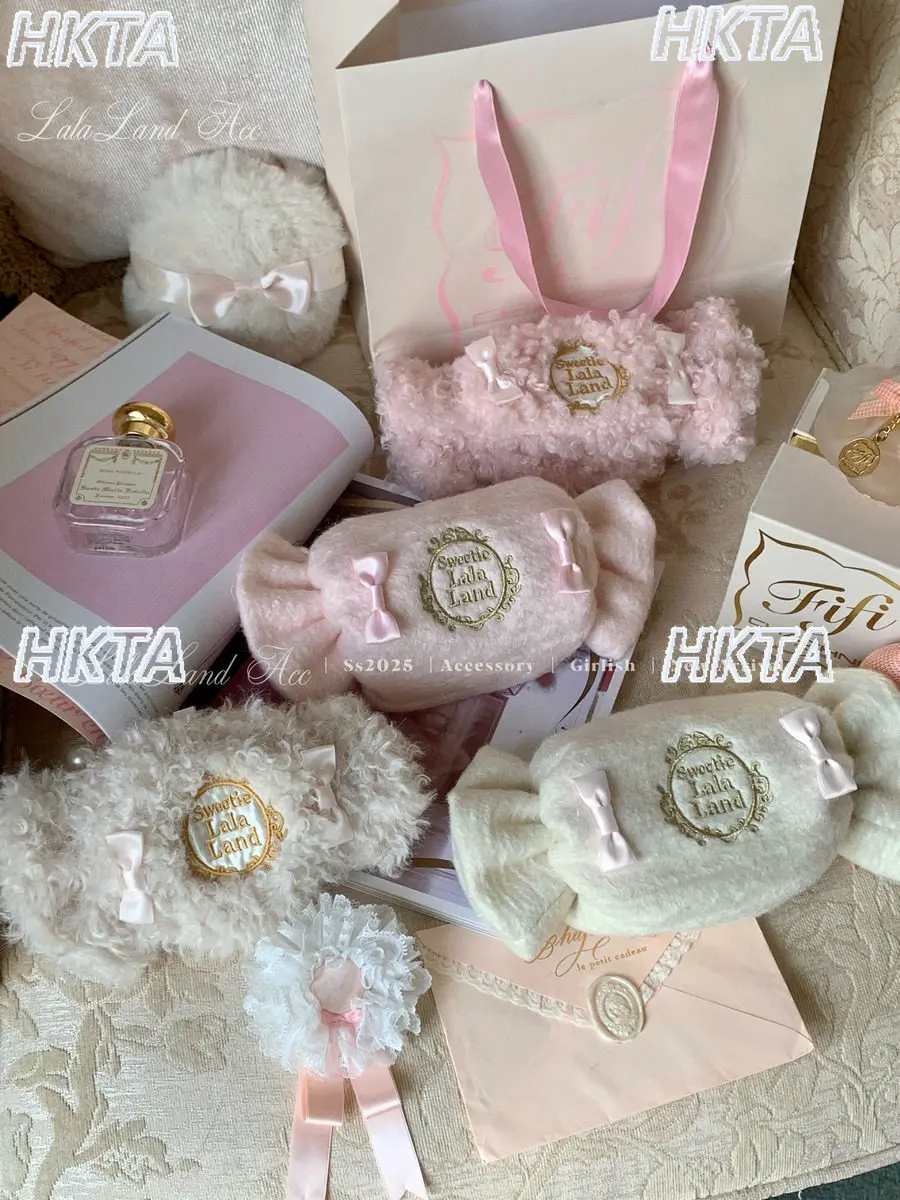Original Japanese Cute Woolen Embroidered Candy Storage Bags Make Up Bag Lolita Girls Letter Print Bow Cute Portable Makeup Bag