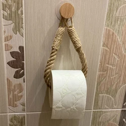 Hemp Rope Paper Towel Holder Solid Wood Cotton Rope Woven Storage Towel Rack Storage Rack Creative Punch-free Paper Roll Holder
