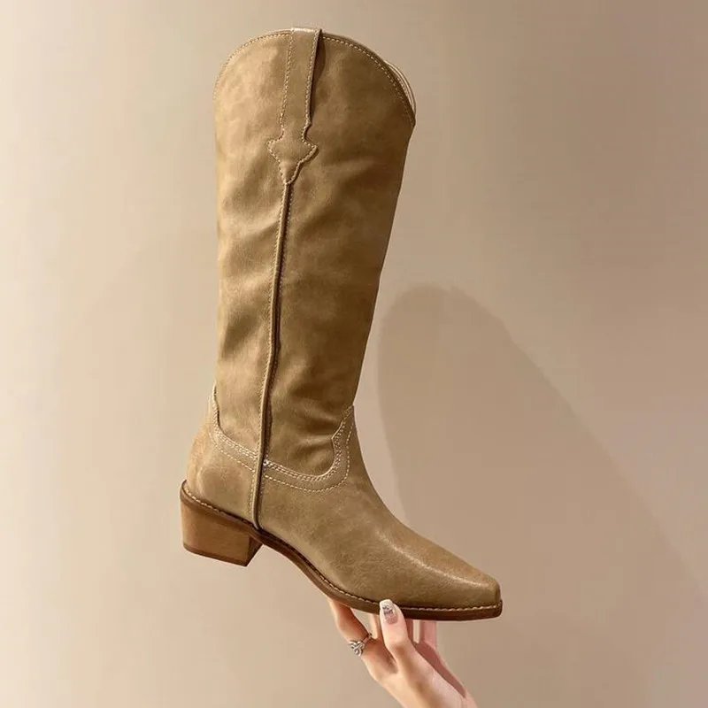 حجم كبير 42 جديد المرأة المطرزة الغربية حذاء برقبة للركبة كاوبوي راعية البقر الأحذية صندل بكعب مكتنز منصة أحذية النساء الأحذية الغربية #5