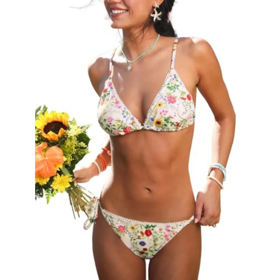 CUPSHE Women's Bikini Set Sexy Two Pcs Swimsuit V Neck Back Self Tie Bathing Suit Low Rise High Leg Cut Cheeky