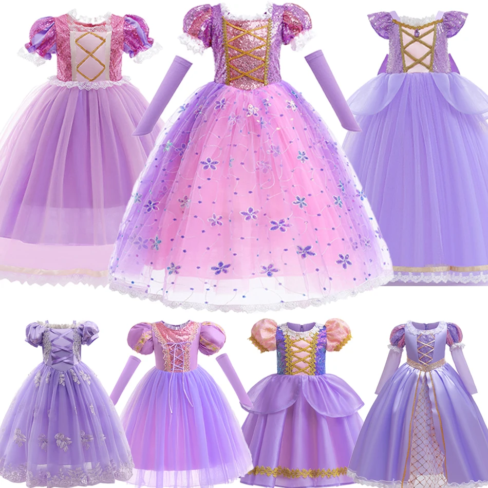 Girl Rapunzel Dress Kids Carnival Princess Costume Children Luxury Print Ball Gown Lace Sequin Gradient Fluffy Frocks