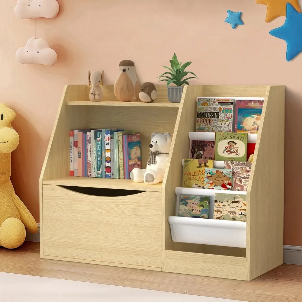 

3 Tier Kids Bookshelf, Kids Bookcase Children Bookshelves Natural Toy Storage Organizer with 4 Layer Sling Bookcase