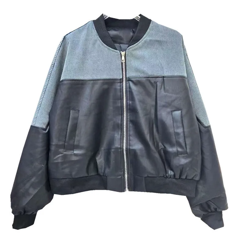 Anjy outono novo casaco feminino denim retalhos contraste cor gola zíper personalidade streetwear chique jaqueta de beisebol a10168