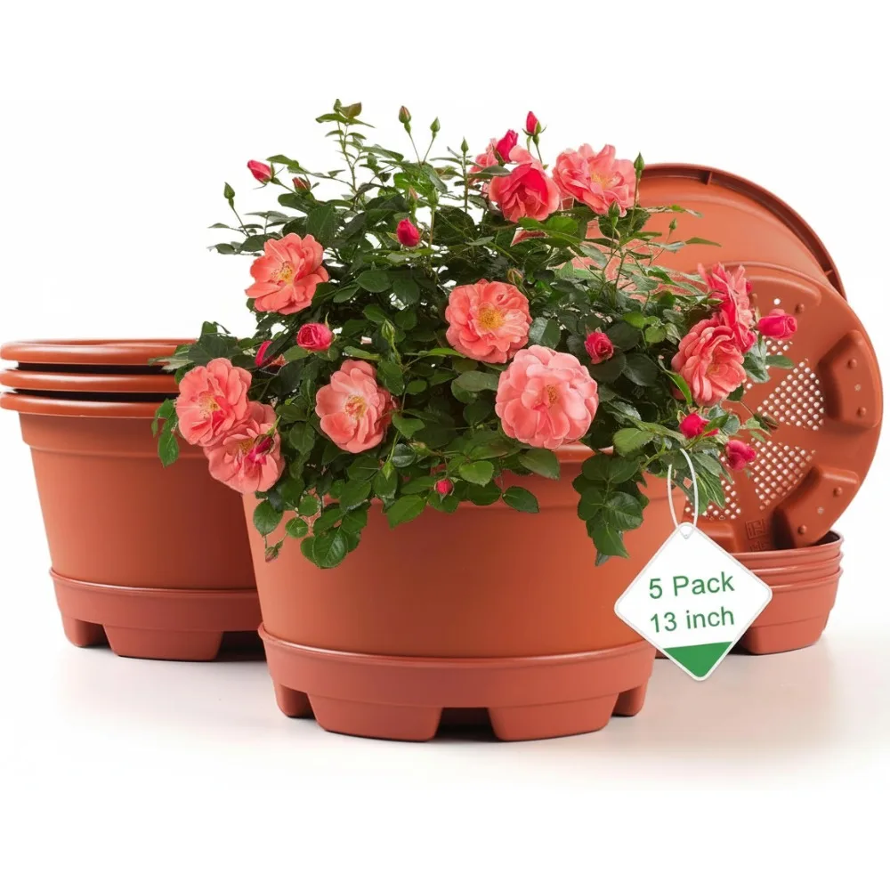 

Современные цветочные горшки из смолы, 5 шт. в упаковке с блюдцами, легкие 13-дюймовые горшки для внутреннего и наружного декора сада