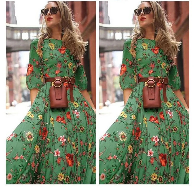 Fashion Loose Flower Print Dress Summer Casual Short Sleeve Dress Floral Chiffon Bohemian Dress Women Robe Elegant Clothes 26661