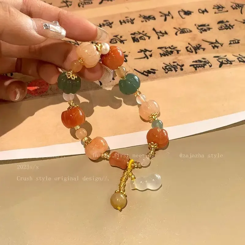 Golden Jade Bracelet, Pumpkin Bead Bracelet, Chinese New Zen Antique Natural Stone High-end Jewelry