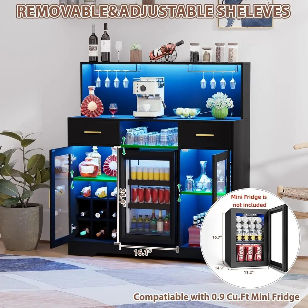 Compact Refrigerator Cabinet with Storage, LED-Lit Wine Bar, and Power Outlet for Home Coffee Bars and Modern Buffets