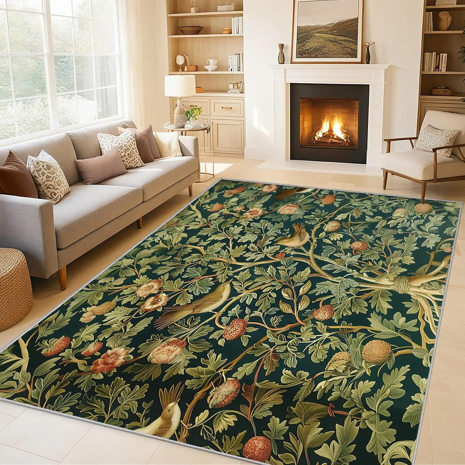10x12 Extra Large Strawberry Thief Bird Flower Area Rug Washable Non Slip Thin Low Pile Carpet for Living Room Home Decor