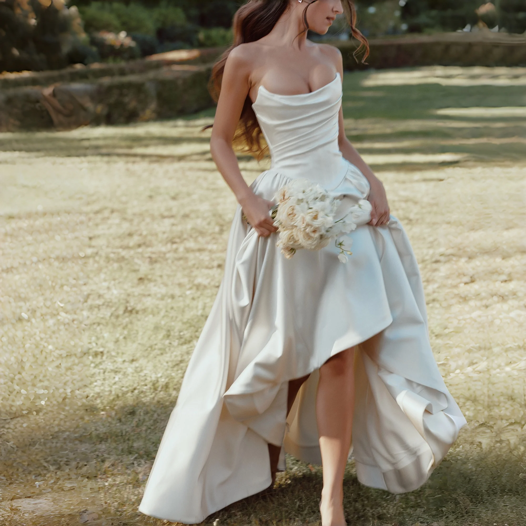 Strapless Cowl Neck Maxi Wedding Dress Ruched Fitted Corset Bodice Voluminous A-Line Skirt Formal Bridal Evening Party Gown