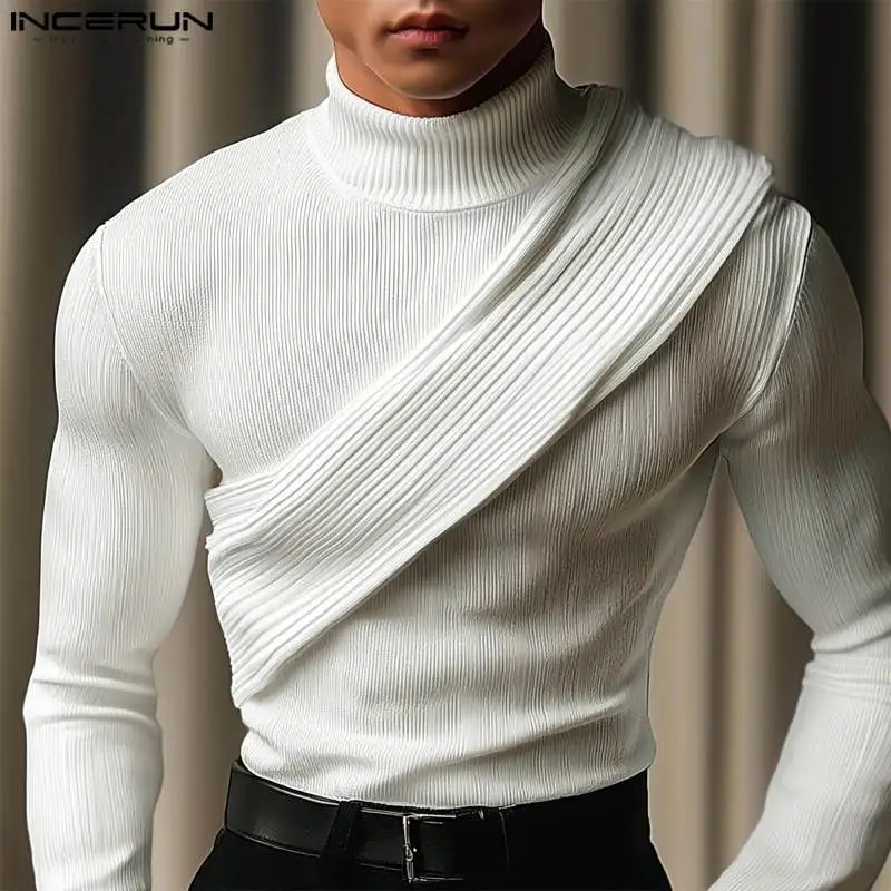 INCERUN New Men\'s Clothing Striped High Neck Slanted Shawl T-shirts Handsome Male Solid Comfortable Long Sleeved Camiseta 2024