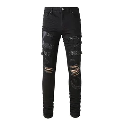Men Snake Embroidery Jeans Skinny Tapered Stretch Denim Pants Streetwear Holes Ripped Leather Patch Patchwork Trousers Black