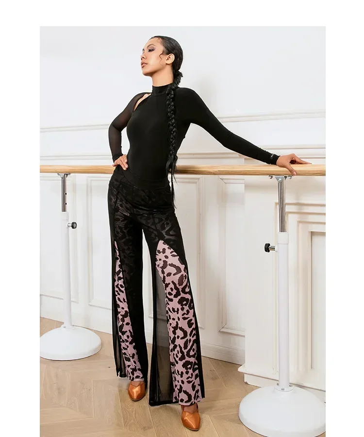 Pantalon de danse latine noir pour femmes, taille haute, 2 couches, maille, jambes larges, léopard, pantalon de pratique latine, vêtements de danse de salle de bal Cha Cha