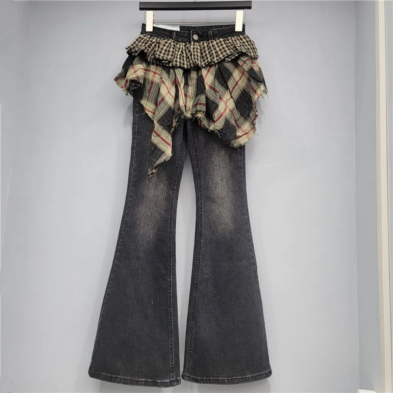 ANJY Autumn Winter New Women Fashion Irregular Patchwork Denim Pants Versatile Stretchy Chic Ins Streetwear Bootcut Jeans A15828