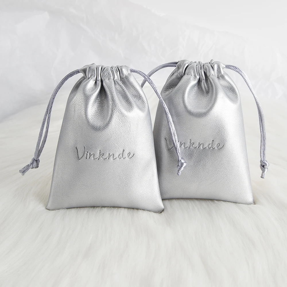50Pcs Custom Logo Embossed Silver PU Leather Jewelry Bag Ring Earring Bracelet Drawstring Storage Pouch Makeup Travel Dust Sack