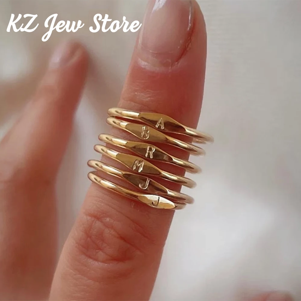 Fashion Initial Signet Ring Size 7 Gold Color Dainty Women Stainless Steel Letter Ring product photo