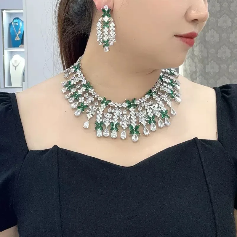 

New Fashion UAE Dubai Bridal Jewelry Set Blue Water Drop Tassel Necklace Earrings For Women Wedding Party Evening Dress Jewelry