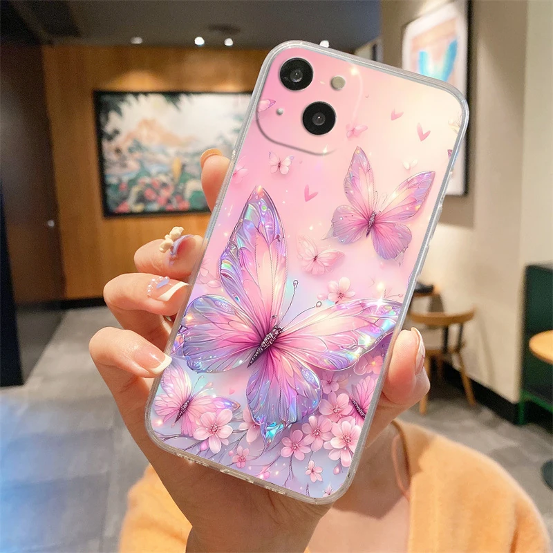 Phone Case For iPhone 16E 15 16 14 13 12 11 Pro Max XS Max 7 8 16 Plus SE2 Soft TPU Clear Cover floral and butterfly patterns #2