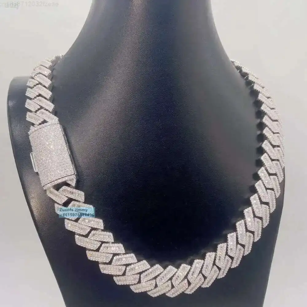 

Customized 18mm Man Jewelry Unique Design Fashion Jewelry 925 Silver Baguette Iced Out Moissanite Cuban Link Chain