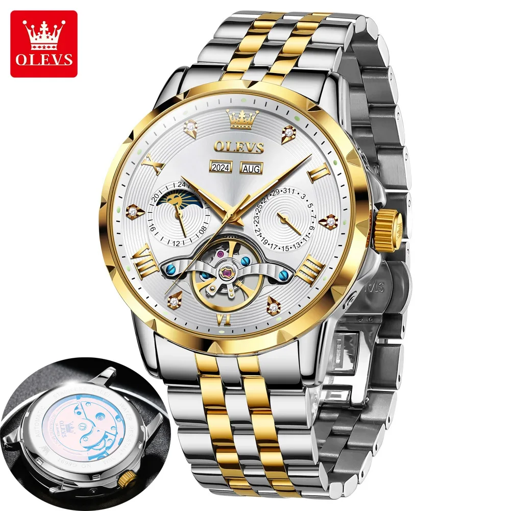 

OLEVS 6691 Automatic Watch Man Fashion Skeleton Flywheel Luxury Men's Mechanical Wrist Watch 24 Hrs Moon Phase Waterproof Watch