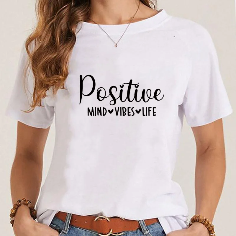 

Women's New Fashion POSitive Mind Vibes Life Printed T-shirt Women's Casual Fashion Personality Round Neck Shirt T-shirt