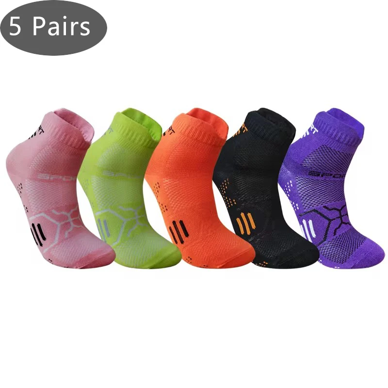 5 Pairs Sport Ankle Socks Boat Woman Girl Cotton Mesh Breathable Sweat-Absorbing Fitness Marathon Hiking Bike Travel Crew Socks