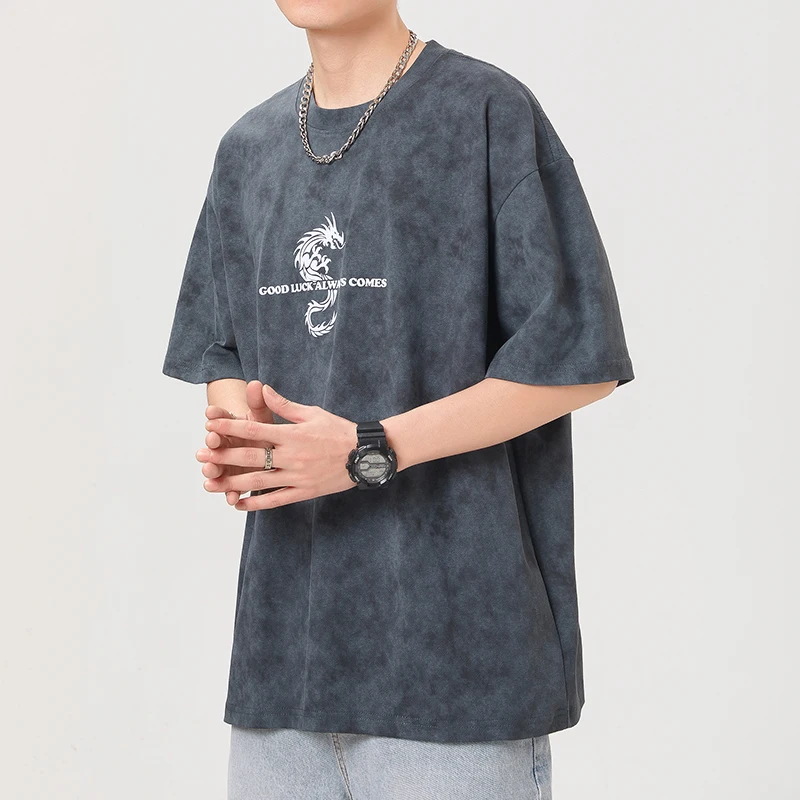 

Fashion Brand American 230g Knitted Loose T-Shirt Men's Summer Trendy Printed Loose plus Size Washed All-Matching Men's Clothing