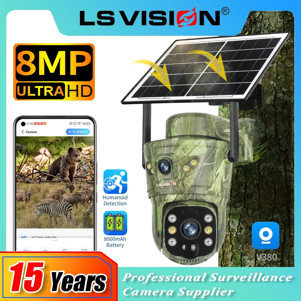 

LS VISION Dual Screen 8MP 4G Solar Camera Wifi Outdoor Security Cam PIR Detect Auto Tracking CCTV Hunting Trail Cameras V380 Pro
